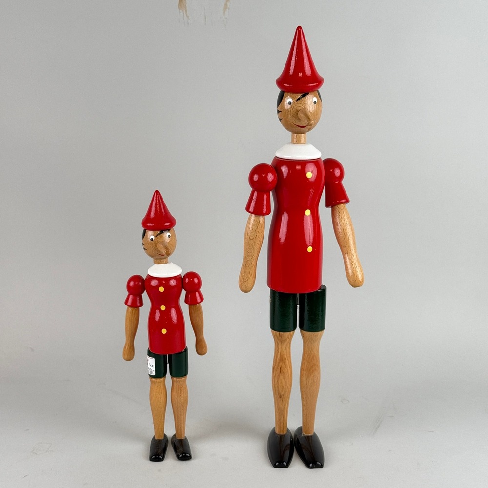 Rainoldi Pinocchio Wooden Figurine Set 19" & 12" Italy Hand Painted Red Vintage